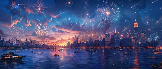 Fototapeta premium Illustration of the New York City skyline at dusk, with the sky lit up in red, white, and blue for Independence Day 8K , high-resolution, ultra HD,up32K HD