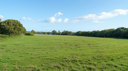 An open grassy field with trees and a body of water in the distance
