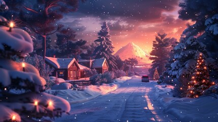 A Snowy Village Street at Christmas Time