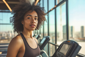 Woman Exercising in Gym with City View