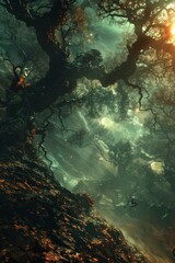 Mystical moonlit forest with giant trees and glowing mushrooms