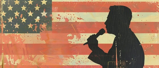 Illustrate the concept of political speech with a man holding a microphone against the backdrop of the American flag - obrazy, fototapety, plakaty