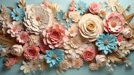 Pink, cream, and blue paper flowers
