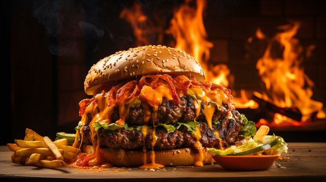A delicious double cheeseburger with fries and a pickle on a wooden table with fire in the background