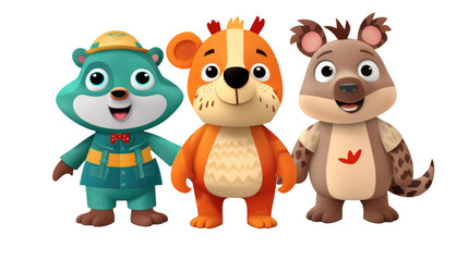 Naklejka premium set of 3 cartoon animal toys characters isolated on a transparent background
