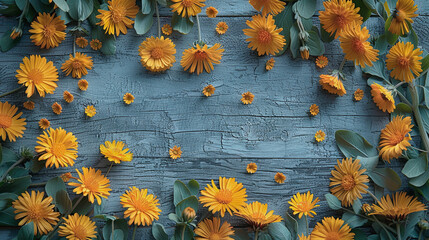 Frame yellow dandelions on grey shabby wooden floor. Free space for text. - Powered by Adobe