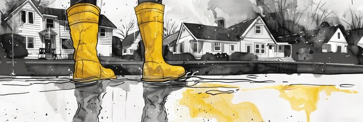 A black and white ink drawing of yellow rain boots jumping in puddles on the street.