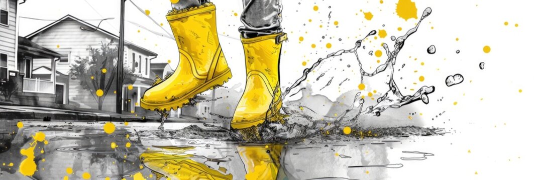 A black and white ink drawing of yellow rain boots jumping in puddles on the street.