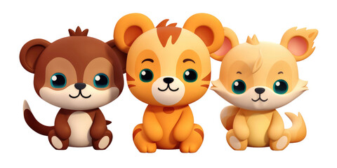 set of 3 cartoon animal toys characters isolated on a transparent background