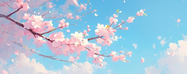 A delicate pink cherry blossom tree branch, with petals floating in the air against a soft blue sky background