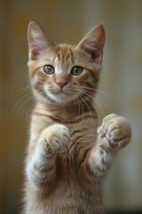 Fototapeta premium A cute ginger kitten with big paws and a white belly