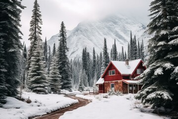 Fototapeta premium A cabin in the woods surrounded by snow-covered pine trees with a snow-capped mountain in the distance