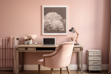 Elegant Home Office in Dusty Pink Tones with a Classic Typewriter and Stylish Wall Art