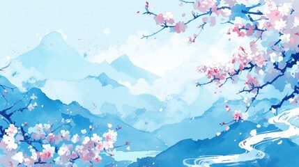 A light blue background with mountains and peach blossoms, Chinese watercolor painting