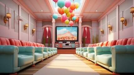 retro home theater with pink and blue pastel colors and large balloons