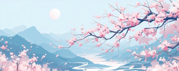 A light blue background with mountains and peach blossoms, Chinese watercolor painting