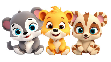Naklejka premium set of 3 cartoon animal toys characters isolated on a transparent background