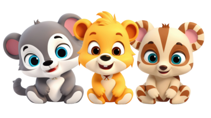 set of 3 cartoon animal toys characters isolated on a transparent background