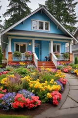 Colorful flowers in front of a blue house