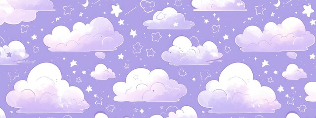 A pattern of white clouds in the sky, purple background, Japanese watercolor, cute, simple.