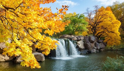 beautiful autumn landscape with yellow trees and waterfall