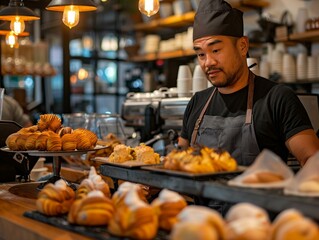 Asian male baker carefully inspecting a tray of pastries