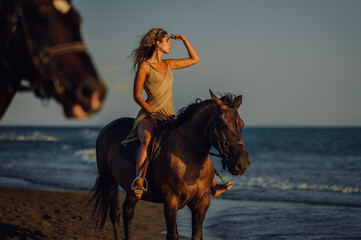 Girl enjoying summer on a beach with her rearing stallion