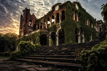 Fototapeta premium The Haunting Beauty of an Abandoned Theater Engulfed by Nature Under a Fiery Sunset Sky