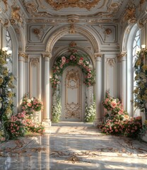 Luxury mansion with marble floors and flower arch