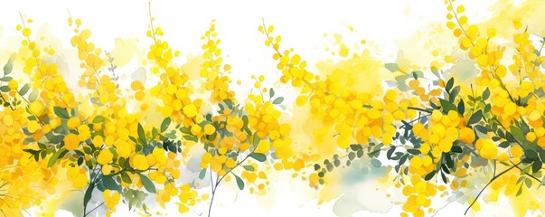 Abstract yellow mimosa pattern border frame on white background, Watercolor style.