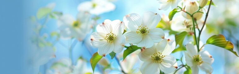 Fototapeta premium Beautiful white rosehip flowers on blue spring background.