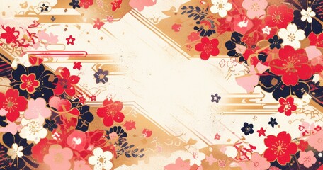 cherry blossoms, clouds and Japanese patterns on a white background with copy space in pink, beige and gold colors. traditional Japanese artwork.