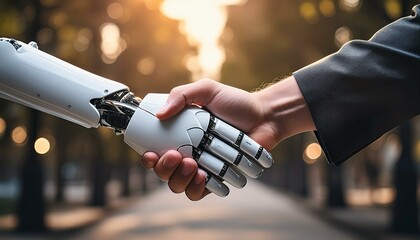 robot and man shake hands, friendship between man and robot