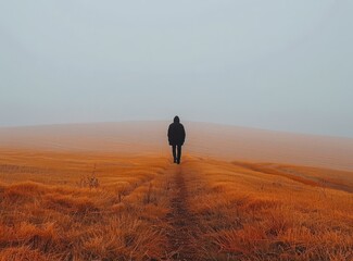 Man walking alone in a foggy field