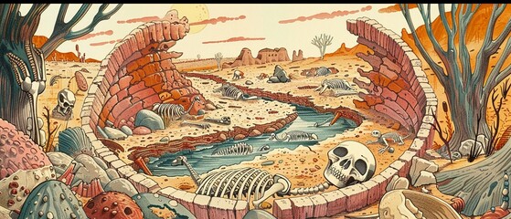 An image symbolizing ecosystem collapse, with animal skeletons scattered around a drying oasis, depicting the loss of wildlife