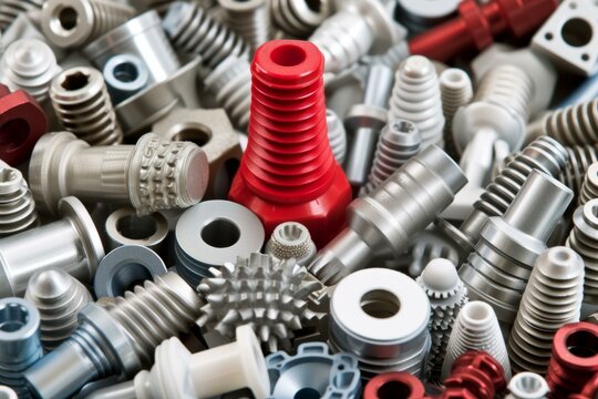 A pile of metal screws with one red screw standing out