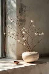 A ceramic vase with white plum blossoms on a windowsill