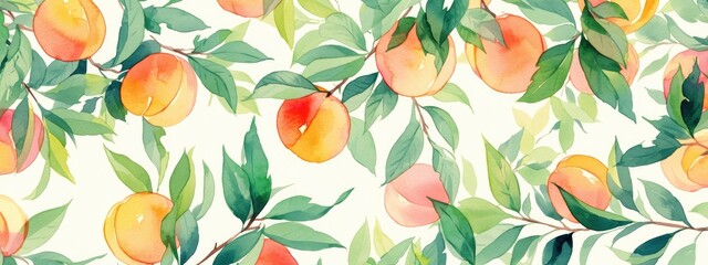 Fototapeta na wymiar peaches and leaves pattern, white background, watercolor.