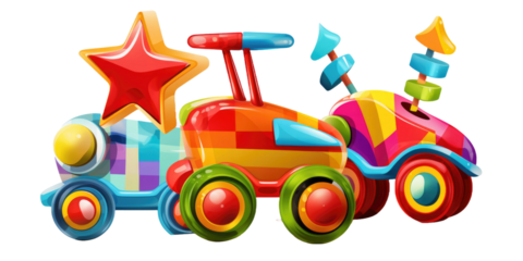 set of 3 colorful classic toddler or baby toys of car wheels, xylophone and geometric cubes isolated on a transparent background