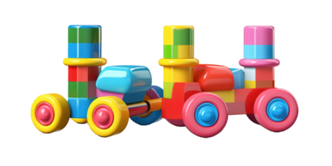 set of 3 colorful classic toddler or baby toys of car wheels, xylophone and geometric cubes isolated on a transparent background