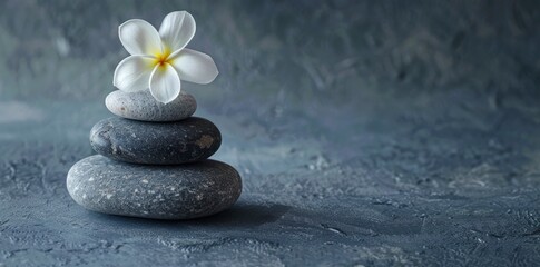 zen stones and a white flower on a grey background.