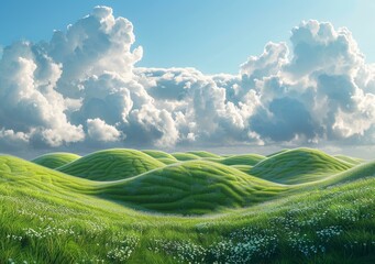 Obraz premium Green rolling hills under a blue sky with white clouds