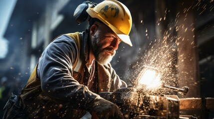 Bearded man wearing a hard hat and safety vest using a grinder - Powered by Adobe