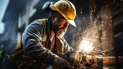 Bearded man wearing a hard hat and safety vest using a grinder