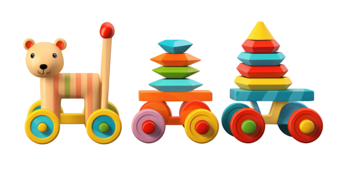 set of 3 colorful classic toddler or baby toys of car wheels, xylophone and geometric cubes isolated on a transparent background