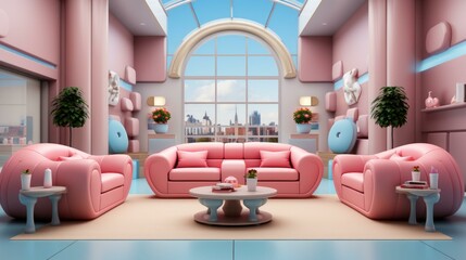 A pink living room with a large window and a city view