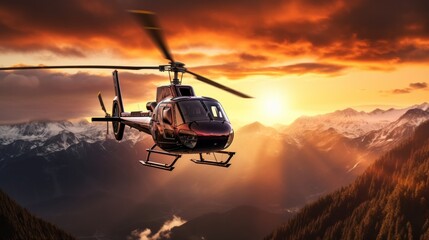 Red Color Helicopter flying over Mountains during a sunny sunrise. Epic Adventure Composite