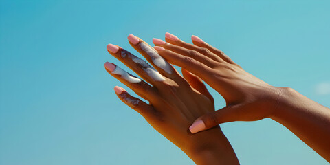 Female hands with sun cream apply sunscreen to the skin on blue background. Sun safety for summer, sun protection factor, skincare, cosmetology and beauty concept with copy space.