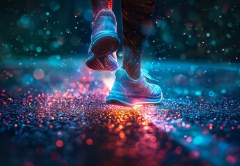 "In the future, hologram sneakers merge with sports for fitness, running, and speed, tracking health outdoors. Graphics depict workout balance in routine, training for marathon wellness."