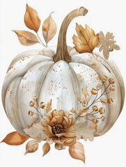 Watercolor beautiful white pumpkin on White background.